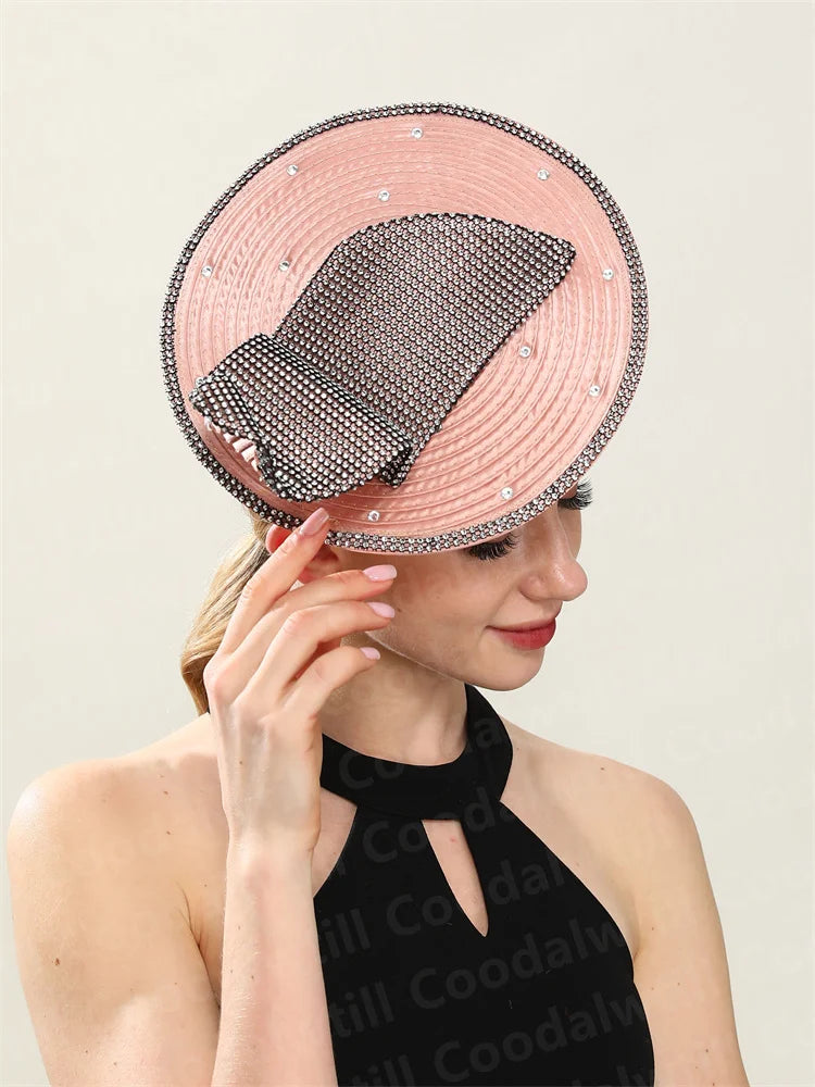 Chic Coral Rhinestone Fascinator Hat – Elegant Women’s Church & Race Event Headpiece with Headband for Parties