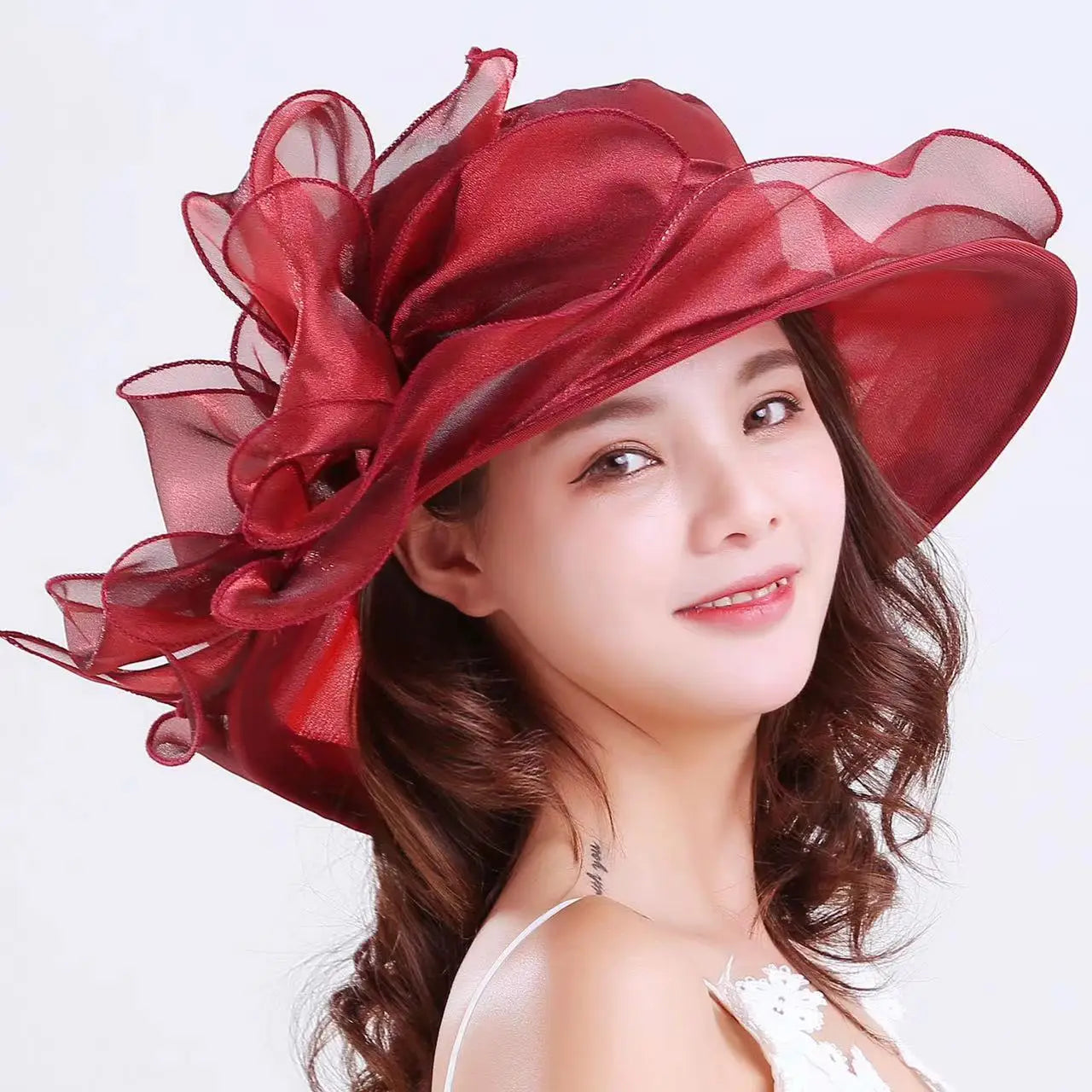 Women’s Organza Mesh Wide Brim Hat – Ruffle Summer Bridal Sun Hat for Weddings, Church, Parties & Beach