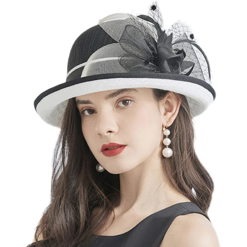 Elegant Summer Straw Hat for Women – Retro Curl Brim Sunbonnet with Flower, Outdoor Beach Sunshade, Party & Church Hat