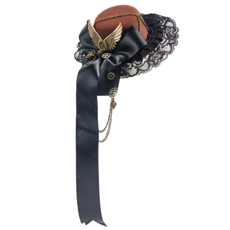 Elegant Steampunk Mini Top Hat Hair Clip – Chain & Bowknot Fedora Headpiece for Women, Masquerade, Cosplay, Party & Dress-Up Costumes