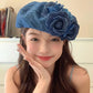 Ladies Denim Beret Hat – Vintage Retro Painter Cap with Floral Design, Casual Cowboy Style Luxury Spring & Autumn Hat for Women