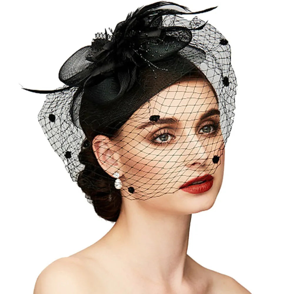 Elegant Birdcage Veil Fascinator with Flowers & Feathers – Women’s Wedding, Tea Party & Cocktail Headpiece
