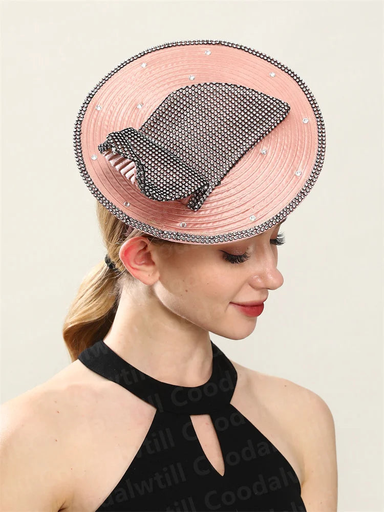Chic Coral Rhinestone Fascinator Hat – Elegant Women’s Church & Race Event Headpiece with Headband for Parties