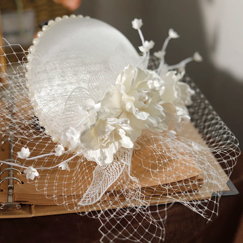 Mini White Satin Fascinator Hair Clip – Women’s Flower & Pearl Headpiece for Bridesmaids, Church, Dance Shows & Tea Parties