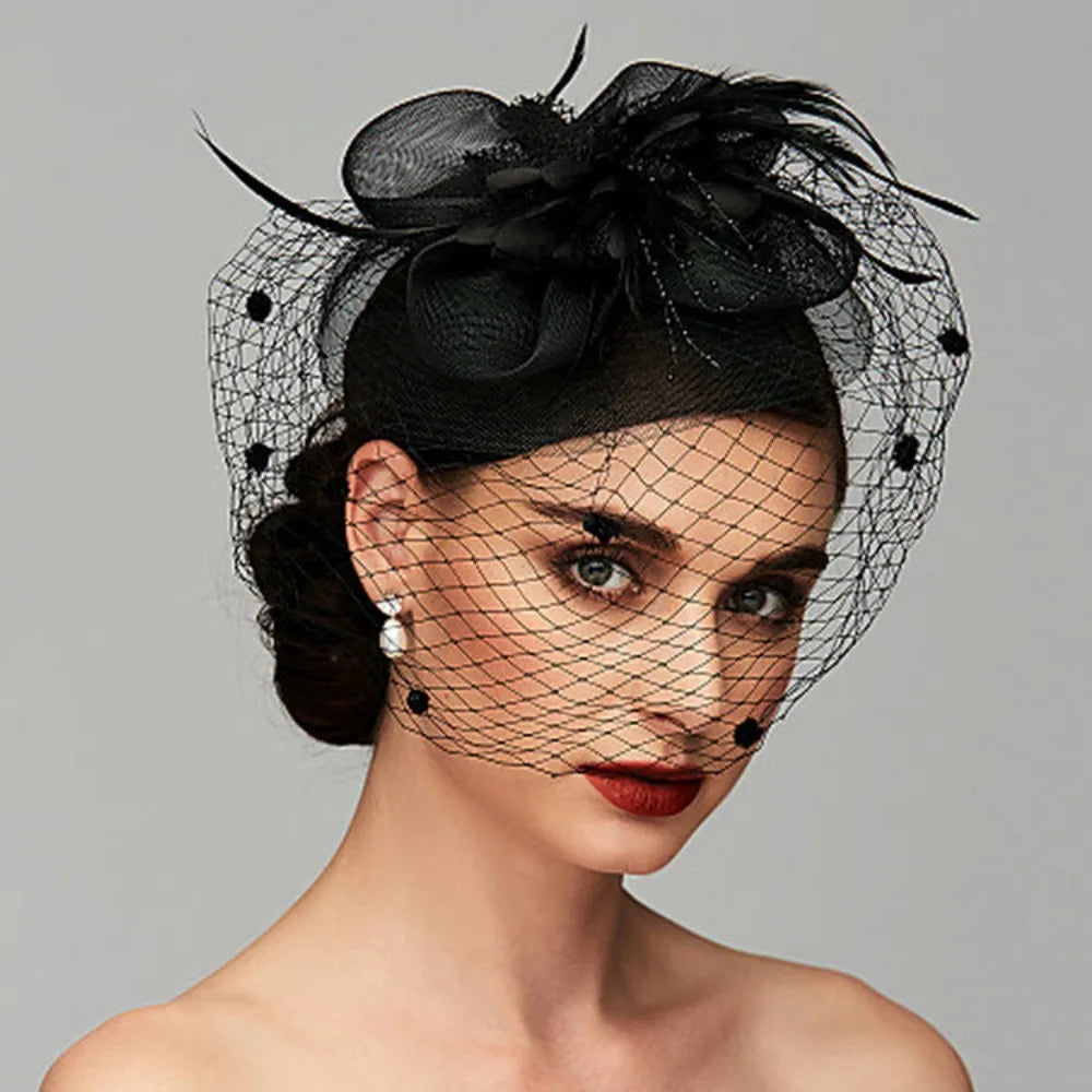 Elegant Birdcage Veil Fascinator with Flowers & Feathers – Women’s Wedding, Tea Party & Cocktail Headpiece