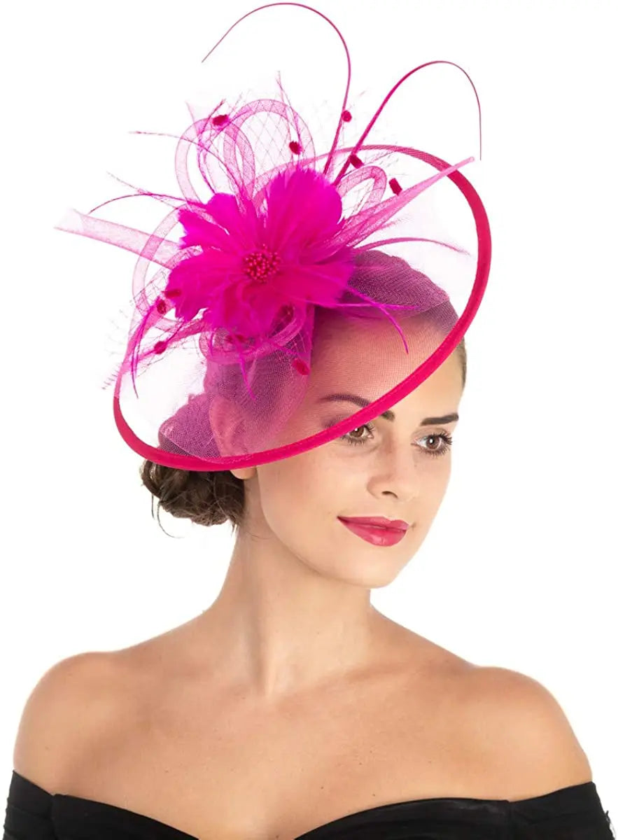 Women’s Fascinator Hat with Feather & Mesh – Alice Headband Hair Clip for Weddings, Cocktail Parties, Kentucky Derby & Tea Parties
