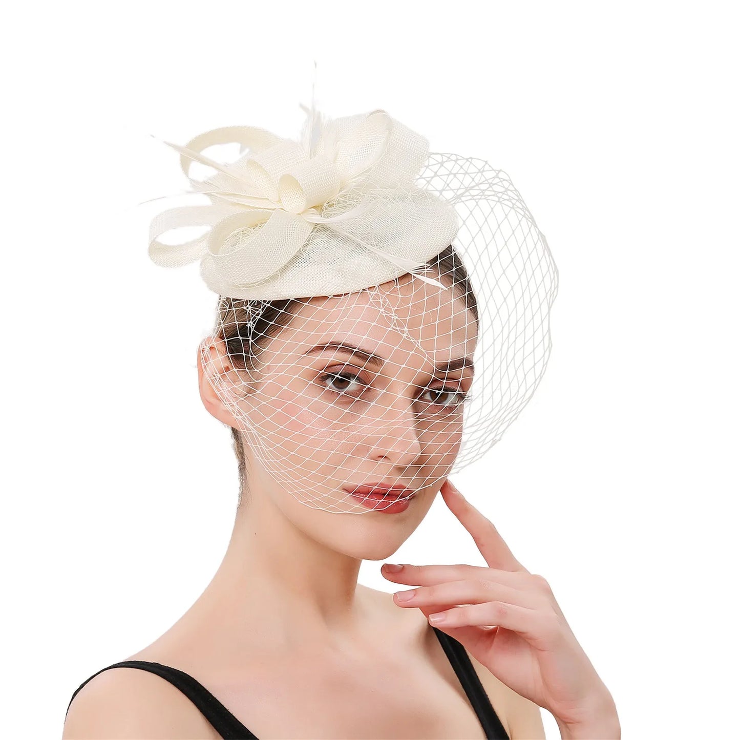 Elegant Feather & Lace Pillbox Fascinator Hat – Women’s Wedding, Bridal Veil, Cocktail, Tea Party & Derby Mesh Headpiece