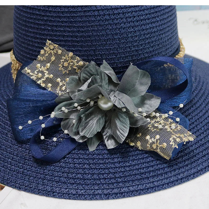 Fashion Women’s Summer Straw Sun Hat – Lace Bowknot & Flower Ribbon Flat Top Beach Bucket Cap Panama Style