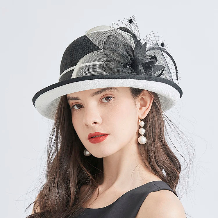 Elegant Summer Straw Hat for Women – Retro Curl Brim Sunbonnet with Flower, Outdoor Beach Sunshade, Party & Church Hat