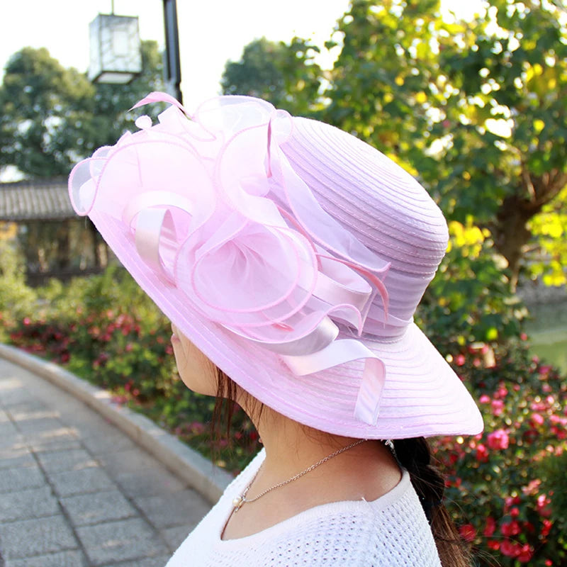 Spring Summer Women’s Mesh Organza Flower Hat – Elegant Wide Brim Dome Sun Hat for Weddings, Parties & Outdoor Fashion