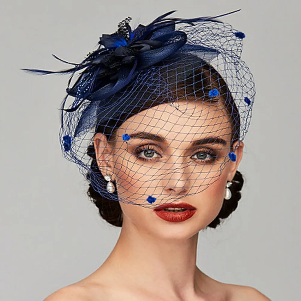 Elegant Birdcage Veil Fascinator with Flowers & Feathers – Women’s Wedding, Tea Party & Cocktail Headpiece