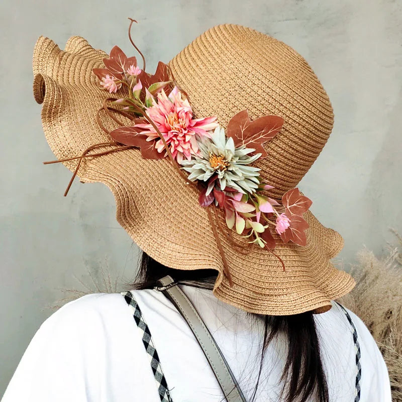 Women’s Summer Straw Hat with Flowers – Wide Wavy Brim Foldable Panama Beach Sun Cap