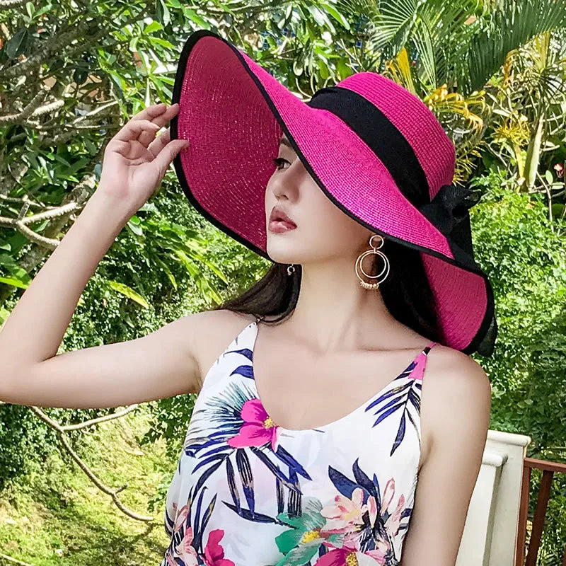 Women’s Wide Brim Straw Sun Hat – Foldable Beach Hat for Summer Holidays, Travel & UV Protection