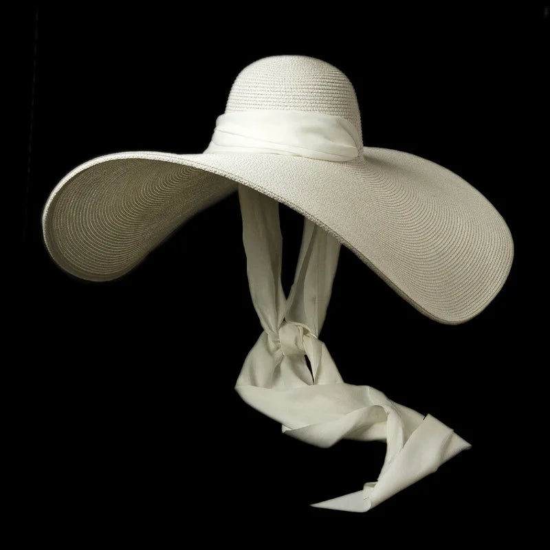 2025 Elegant Women’s Raffia Wide Brim Sun Hat with Long Ribbon – Oversized Dome Beach Hat for Travel, Vacation & UV Protection