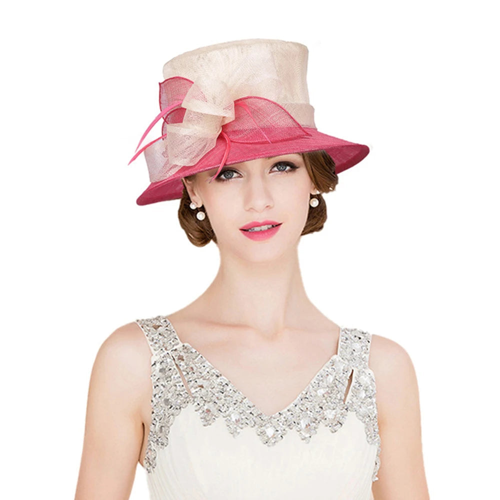 Pink Sinamay Flat Top Kentucky Derby Hat – Elegant Wedding Bridal Millinery, UV Protection Lightweight Linen Sun Cap for Women