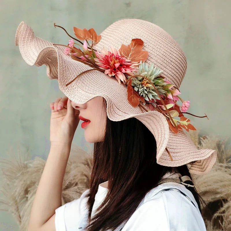Women’s Summer Straw Hat with Flowers – Wide Wavy Brim Foldable Panama Beach Sun Cap