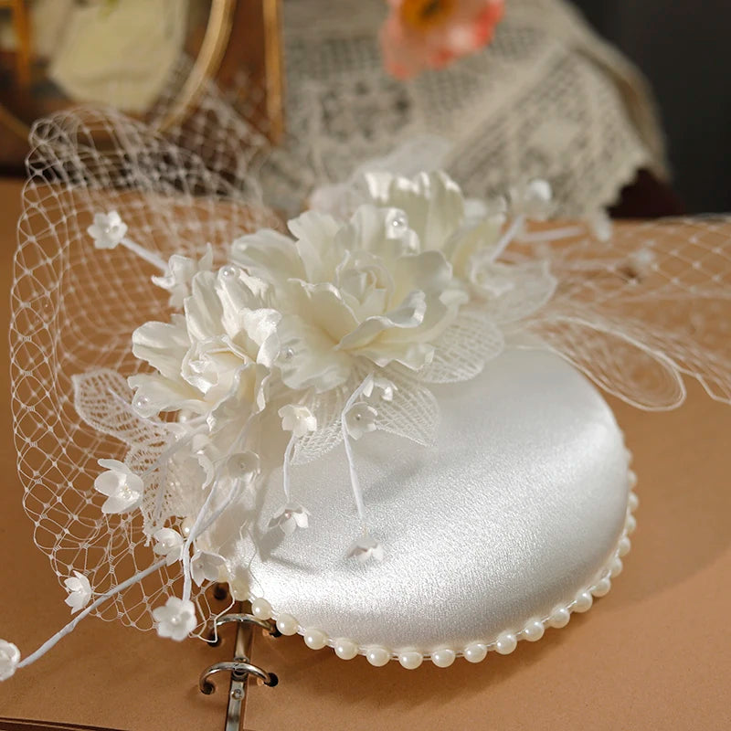 Mini White Satin Fascinator Hair Clip – Women’s Flower & Pearl Headpiece for Bridesmaids, Church, Dance Shows & Tea Parties