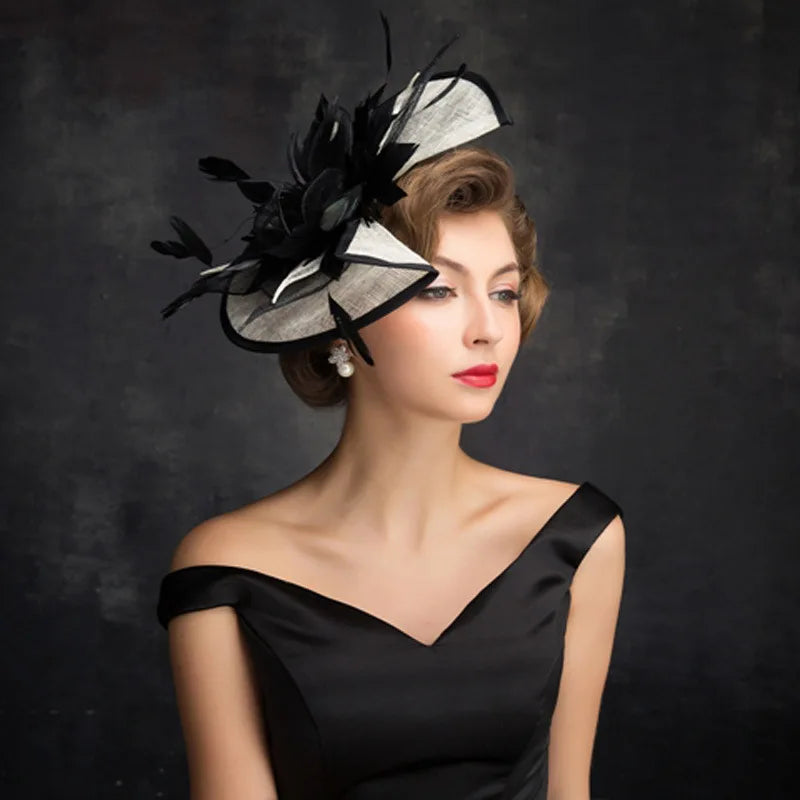 Women’s Chic Sinamay Fascinator Hat – Elegant Feather Cocktail Wedding Party Headpiece with Birdcage Veil & Detachable Clip