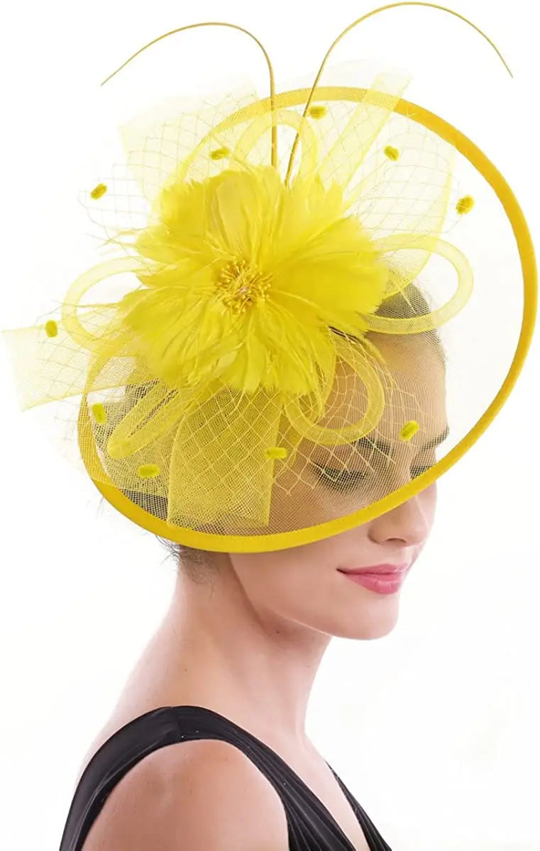 Women’s Fascinator Hat with Feather & Mesh – Alice Headband Hair Clip for Weddings, Cocktail Parties, Kentucky Derby & Tea Parties