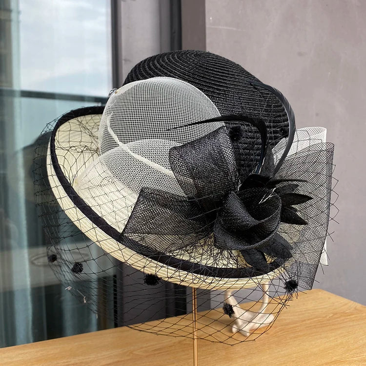 Elegant Summer Straw Hat for Women – Retro Curl Brim Sunbonnet with Flower, Outdoor Beach Sunshade, Party & Church Hat