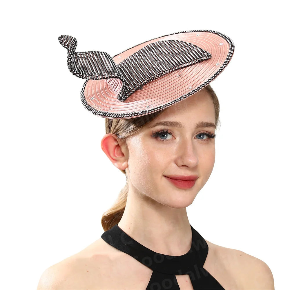 Chic Coral Rhinestone Fascinator Hat – Elegant Women’s Church & Race Event Headpiece with Headband for Parties