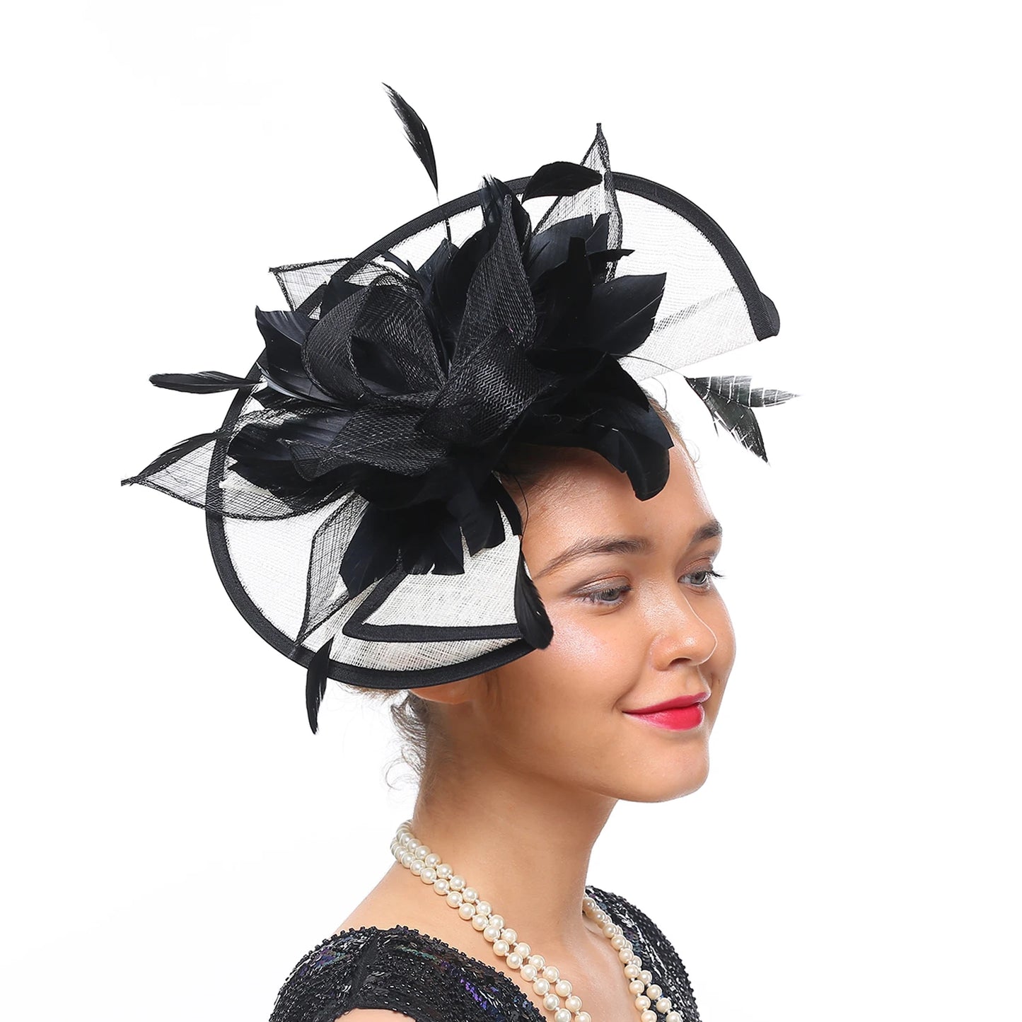 Women’s Chic Sinamay Fascinator Hat – Elegant Feather Cocktail Wedding Party Headpiece with Birdcage Veil & Detachable Clip