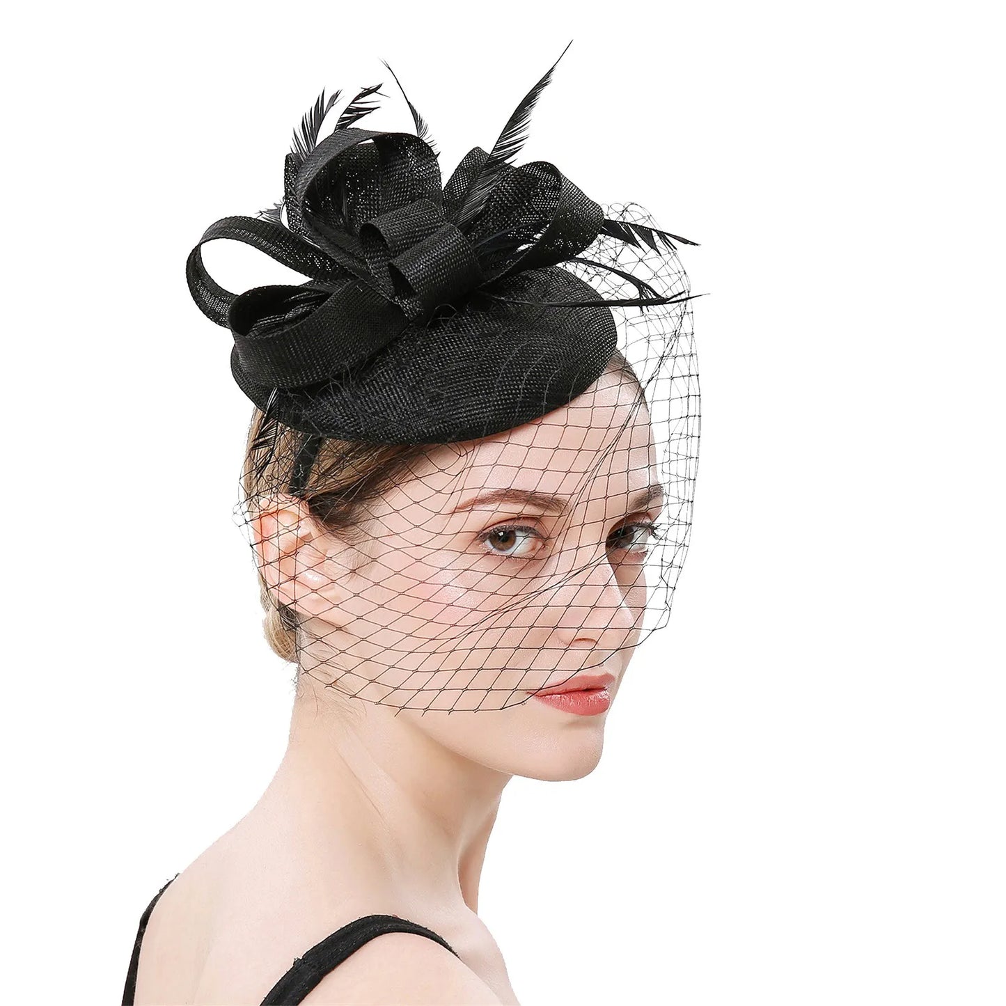 Elegant Feather & Lace Pillbox Fascinator Hat – Women’s Wedding, Bridal Veil, Cocktail, Tea Party & Derby Mesh Headpiece