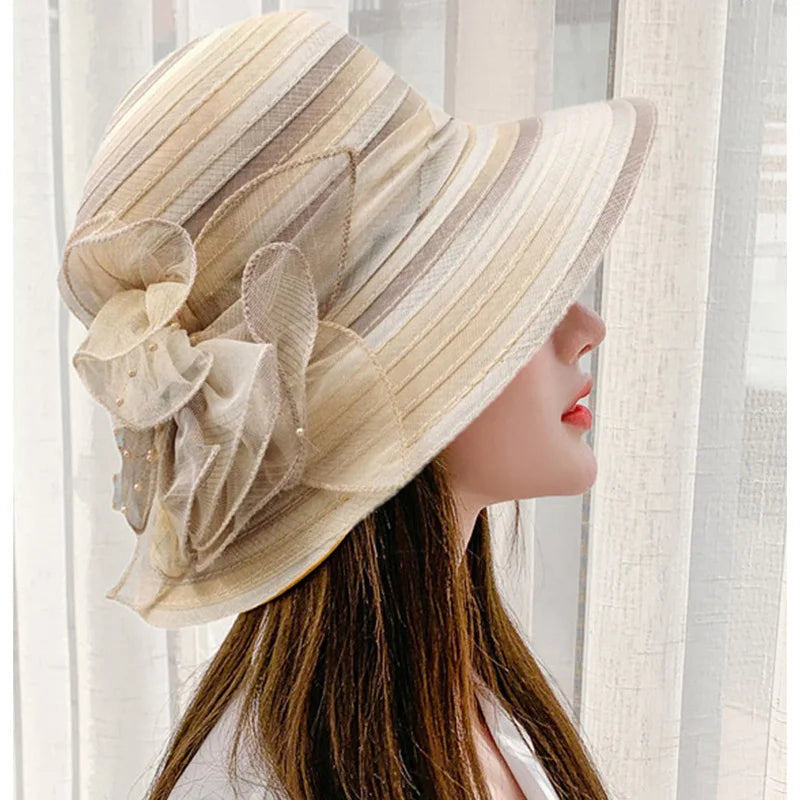 Women’s Summer Organza Sun Hat – Colorful Stripe Wide Brim Beach Hat with Floral Design, UV Protection