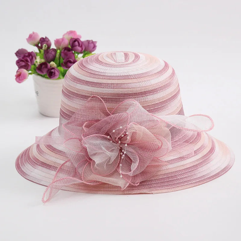 Women’s Summer Organza Sun Hat – Colorful Stripe Wide Brim Beach Hat with Floral Design, UV Protection