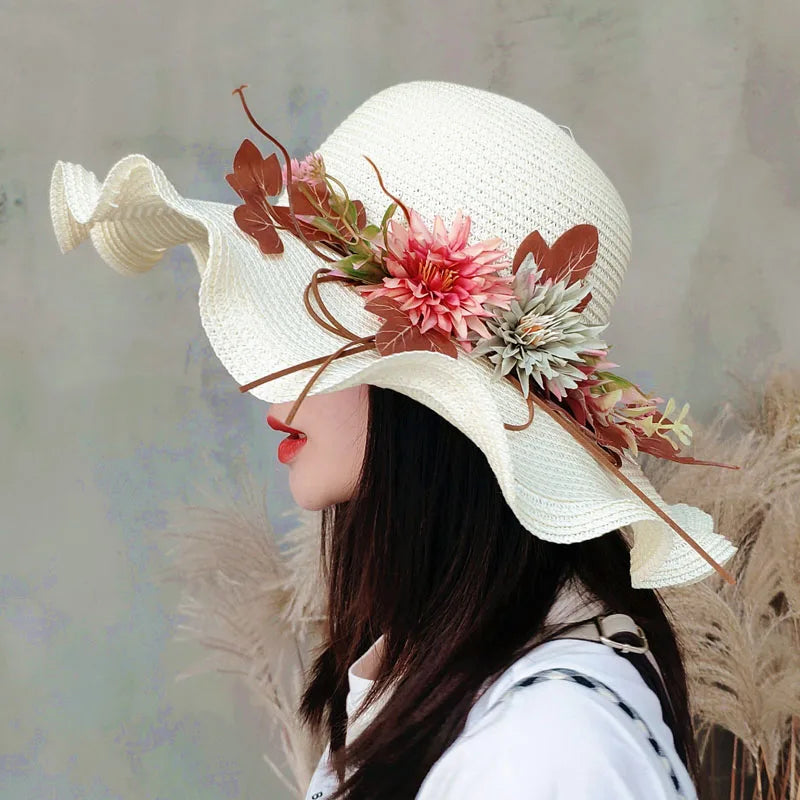 Women’s Summer Straw Hat with Flowers – Wide Wavy Brim Foldable Panama Beach Sun Cap