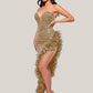 Elegant Feathers High Split Birthday Party Glitter Sequins Maxi Dress Women Night Club Wedding Evening Prom Dresses Robe