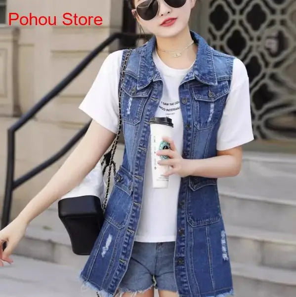 Multiple Styles Denim Sleeveless Casual Blue Hole Jacket Vest Coat Women