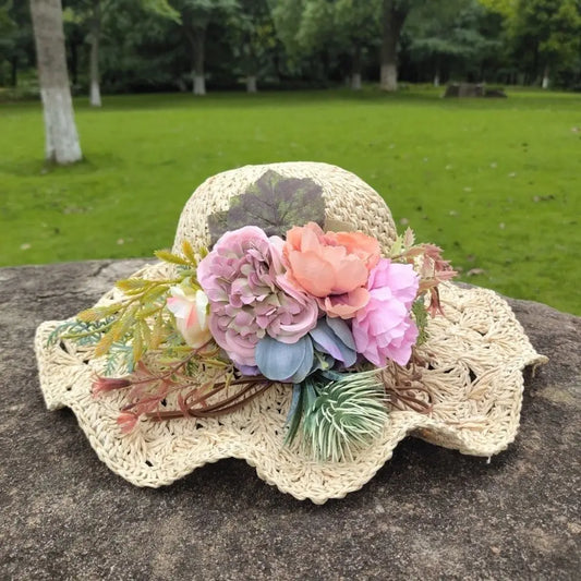 French Elegant Retro Summer Straw Hat & Bag Set – Pearl Floral Sun Hat for Women & Girls, Mother-Daughter Beach Holiday Travel Accessories