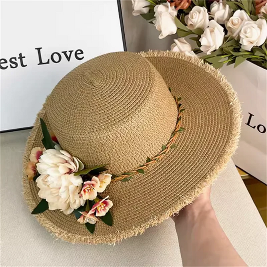 Elegant Women’s Summer Straw Beach Hat – Large Brim Sun Hat with Flower Decoration, Color Matching Design for Weddings, Vacations & Outdoor Events 2025
