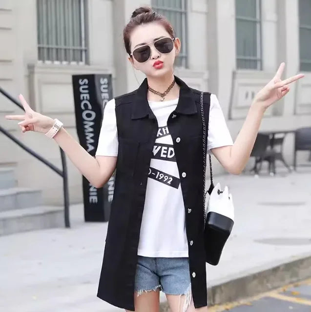 Multiple Styles Denim Sleeveless Casual Blue Hole Jacket Vest Coat Women