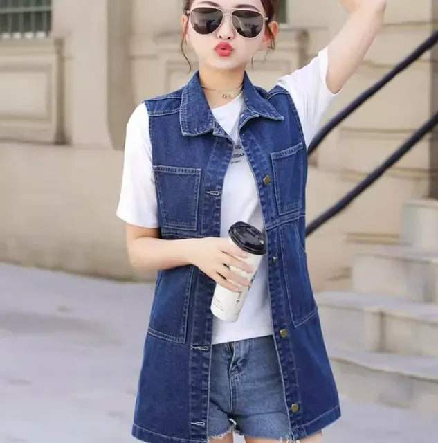 Multiple Styles Denim Sleeveless Casual Blue Hole Jacket Vest Coat Women