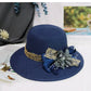 Fashion Women’s Summer Straw Sun Hat – Lace Bowknot & Flower Ribbon Flat Top Beach Bucket Cap Panama Style