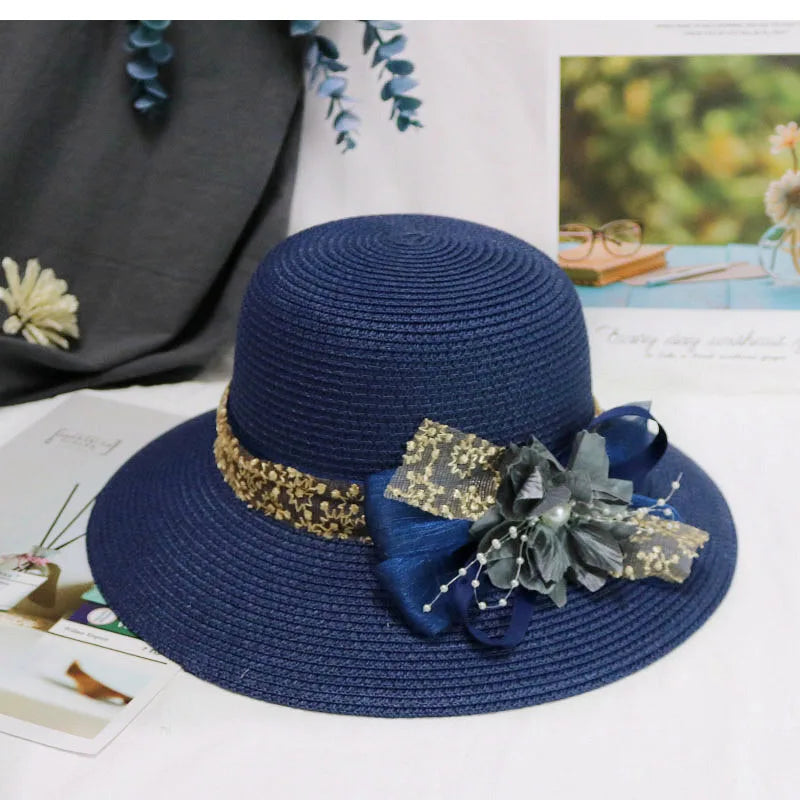 Fashion Women’s Summer Straw Sun Hat – Lace Bowknot & Flower Ribbon Flat Top Beach Bucket Cap Panama Style