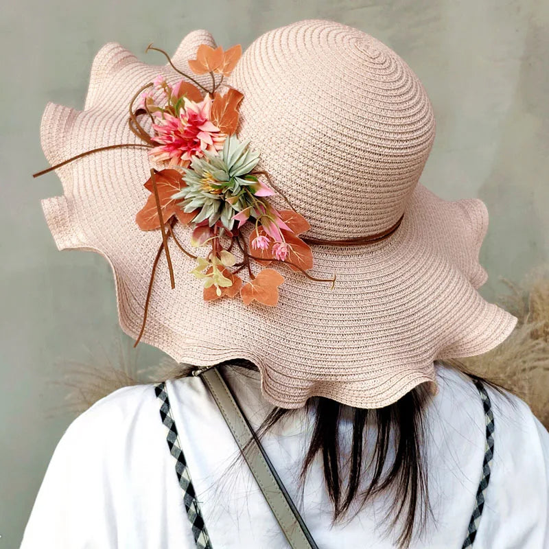 Women’s Summer Straw Hat with Flowers – Wide Wavy Brim Foldable Panama Beach Sun Cap