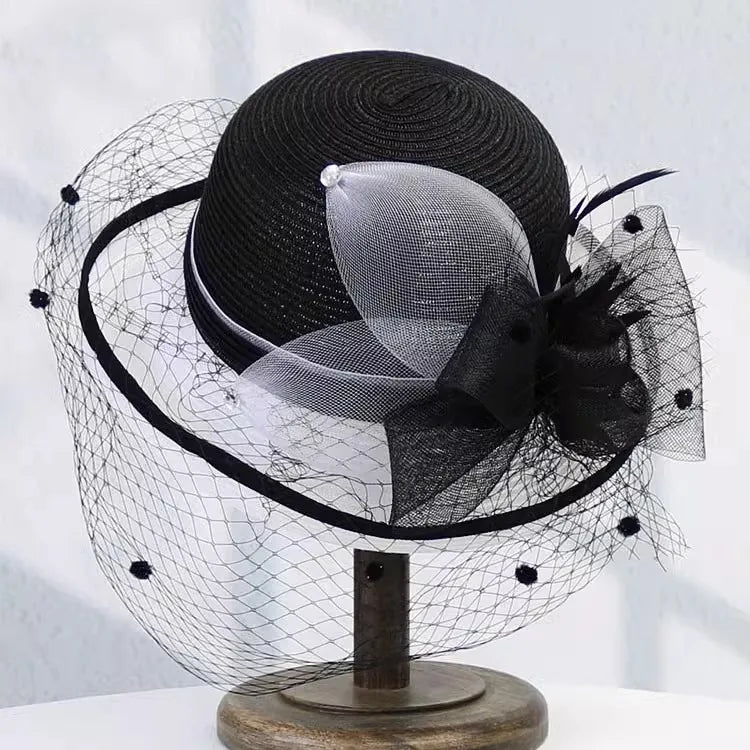 Elegant Summer Straw Hat for Women – Retro Curl Brim Sunbonnet with Flower, Outdoor Beach Sunshade, Party & Church Hat