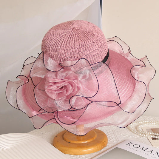 Elegant Women’s Summer Sun Hat – Breathable Foldable Organdy Hat with Woven Top & Flower Decoration