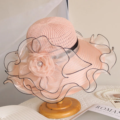 Elegant Summer Women’s Sun Hat – Breathable Organdy, Foldable Design with Woven Top & Floral Decoration