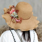 Women’s Summer Straw Hat with Flowers – Wide Wavy Brim Foldable Panama Beach Sun Cap