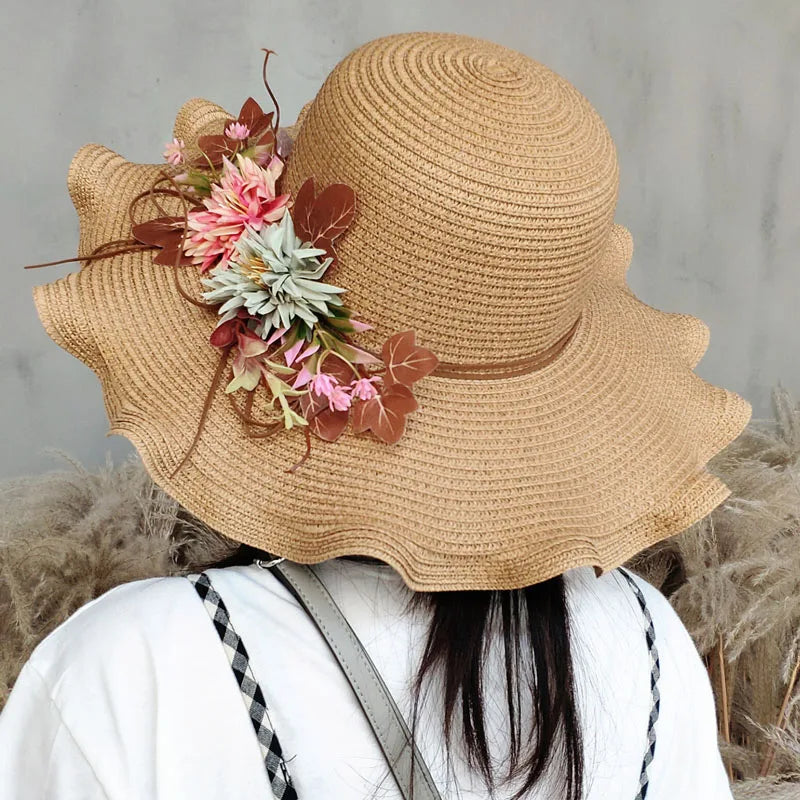 Women’s Summer Straw Hat with Flowers – Wide Wavy Brim Foldable Panama Beach Sun Cap