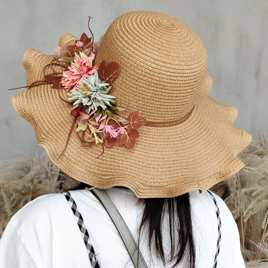 Women’s Summer Straw Hat with Flowers – Wide Wavy Brim Foldable Panama Beach Sun Cap