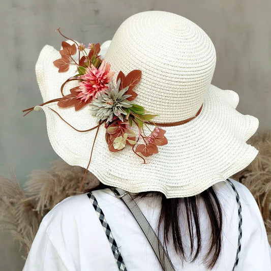Summer Women’s Straw Hat with Flowers – Wide Wavy Brim Panama Hat, Foldable Beach Sun Cap for Outdoor Travel