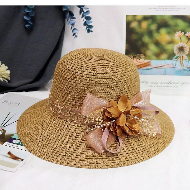 Fashion Women’s Summer Straw Sun Hat – Lace Bowknot & Flower Ribbon Flat Top Beach Bucket Cap Panama Style