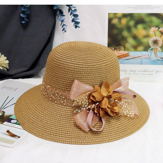Fashion Women’s Summer Straw Sun Hat – Lace Bowknot & Flower Ribbon Flat Top Beach Bucket Cap Panama Style