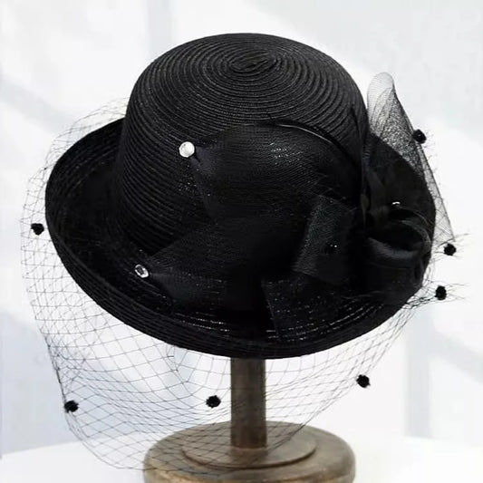 Elegant Summer Straw Hat for Women – Retro Curl Brim Sunbonnet with Flower, Outdoor Beach Sunshade, Party & Church Hat