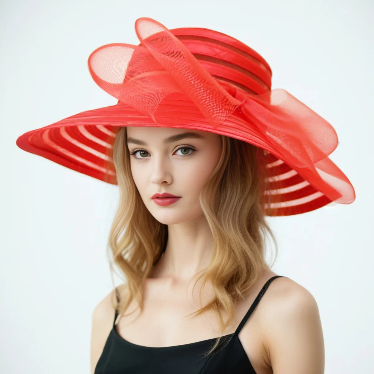 Women’s Organza Mesh Wide Brim Hat – Elegant Ruffle Sun Hat for Summer, Wedding, Bridal, Beach & Party